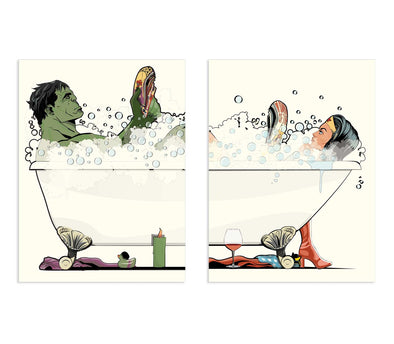 Superheroes Hulk and Wonder Woman in the Bath