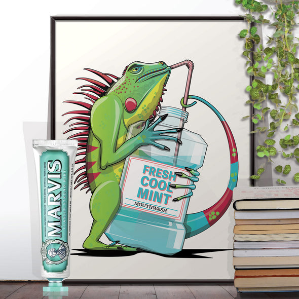 Iguana using Mouthwash, bathroom poster