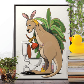 Kangaroo Cleaning the Toilet, funny bathroom poster, wall art home decor print