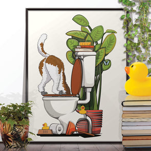 Labradoodle With head in Toilet, funny bathroom home decor poster