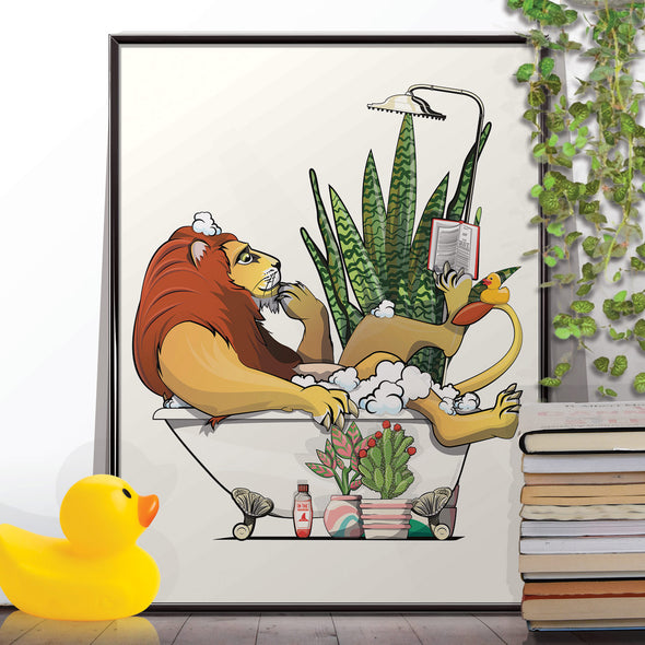 Lion in the Bath, funny bathroom home decor poster