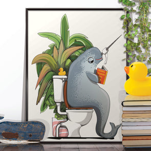Narwhal Sitting on Toilet, funny bathroom poster, wall art home decor print