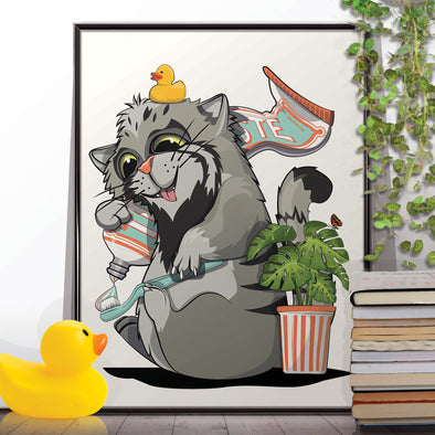 Pallas Cat Cleaning teeth, funny bathroom home decor poster