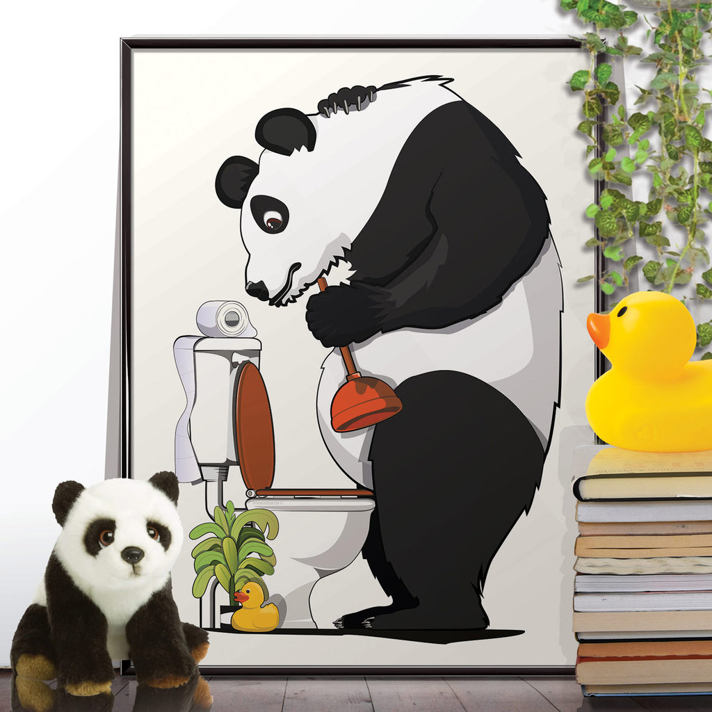 Panda Bear unblocking toilet, funny Bathroom Humour Poster