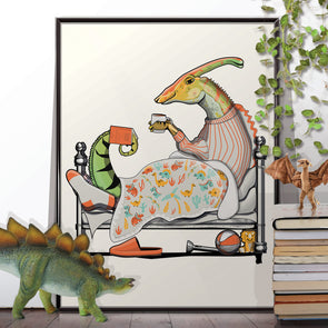 Parasaurolophus in bed, reading, bedroom poster