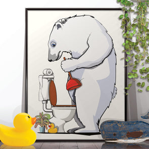 Polar Bear Unblocking the toilet, funny bathroom poster, wall art home decor print