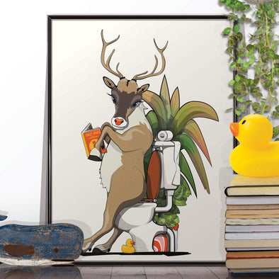 Reindeer Sitting on the Toilet, funny bathroom poster, wall art home decor print