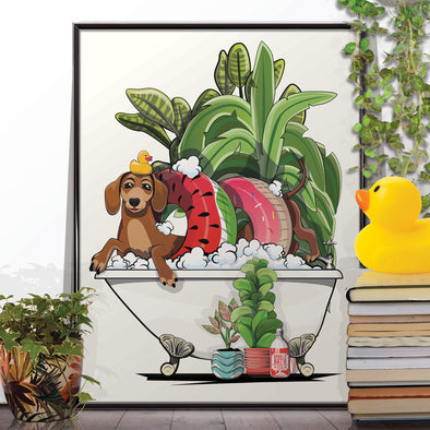 Sausage Dog in the Bath, funny bathroom home decor poster