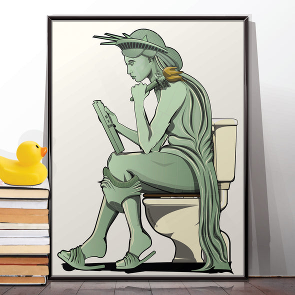 statue of liberty bathroom toilet poster