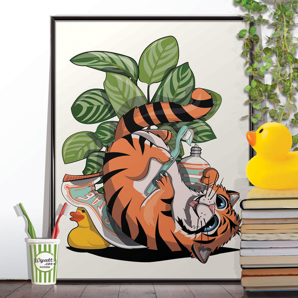Tiger Cleaning Teeth, funny bathroom home decor poster