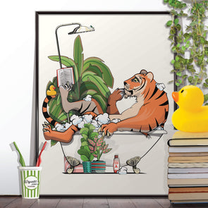 Tiger Reading in the Bath, funny bathroom home decor poster