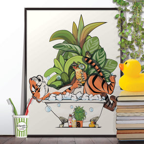 Tiger taking a Bath, funny bathroom home decor poster