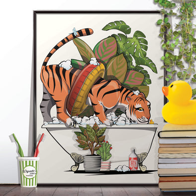 Tiger Drinking from Bath, funny bathroom wall art poster for your home decor
