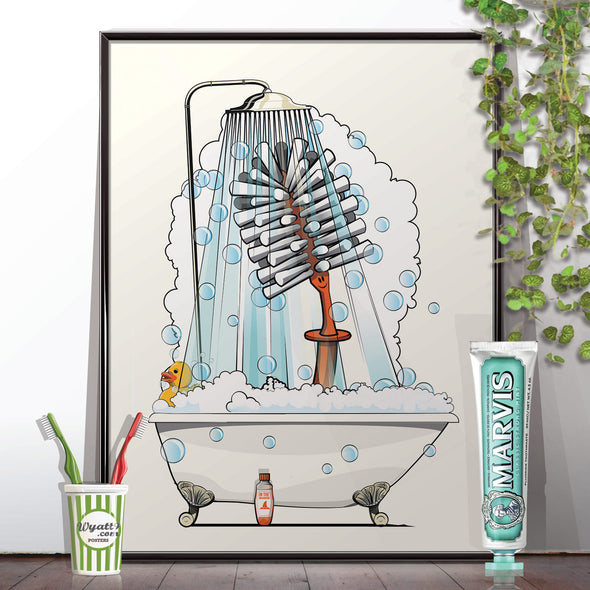 Toilet Brush showering,  bathroom art print.