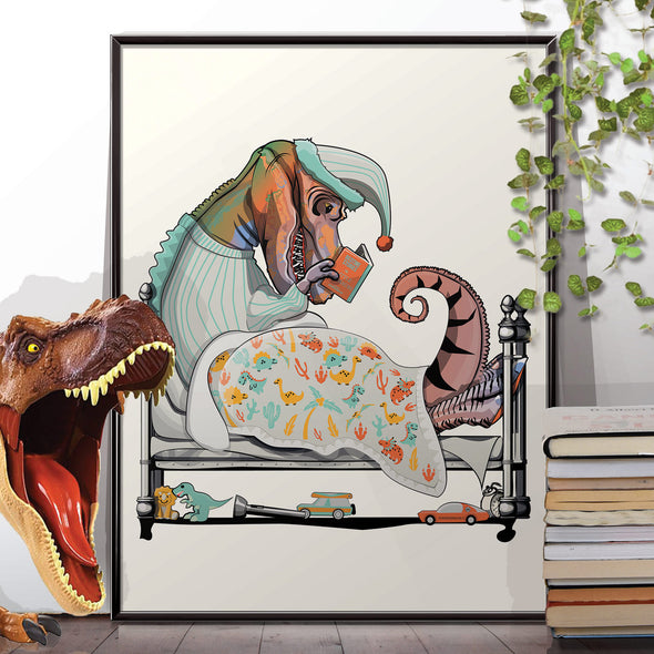 Tyrannosaurus in bed poster, bedroom print
