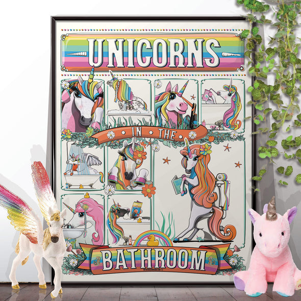 Unicorns using the bathroom poster