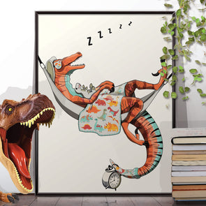 Velociraptor in bed asleep, bedroom poster