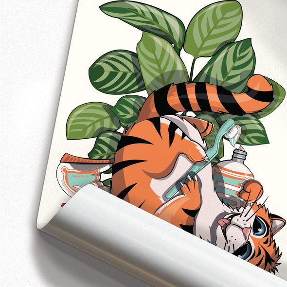 Tiger Cleaning Teeth, funny bathroom home decor poster