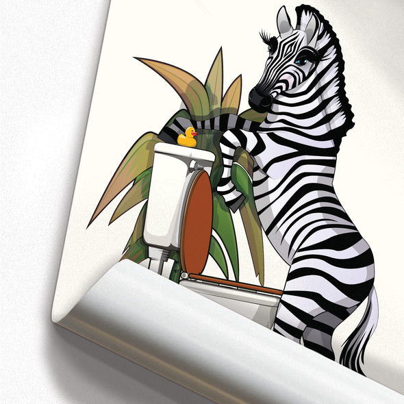 Zebra using the Toilet, funny bathroom poster, wall art home decor print