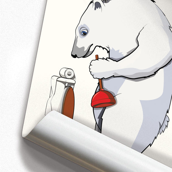 Polar Bear Unblocking the toilet, funny bathroom poster, wall art home decor print