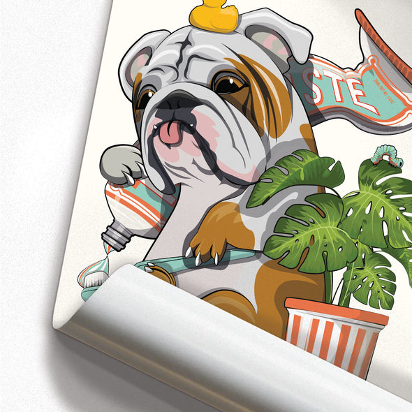 Bulldog Cleaning teeth, funny bathroom home decor poster