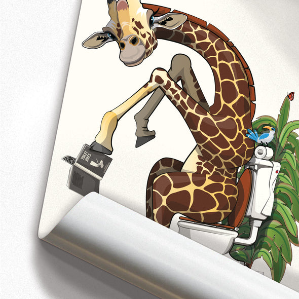 Giraffe on Toilet, funny bathroom poster, wall art home decor print
