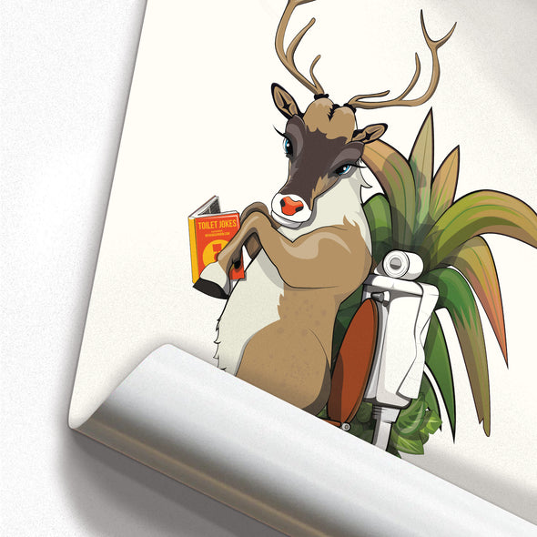 Reindeer Sitting on the Toilet, funny bathroom poster, wall art home decor print