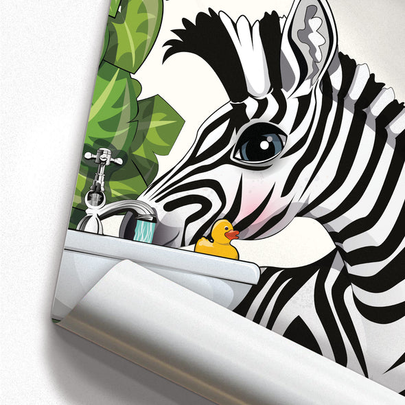Zebra Drinking from sink, funny bathroom poster, wall art home decor print