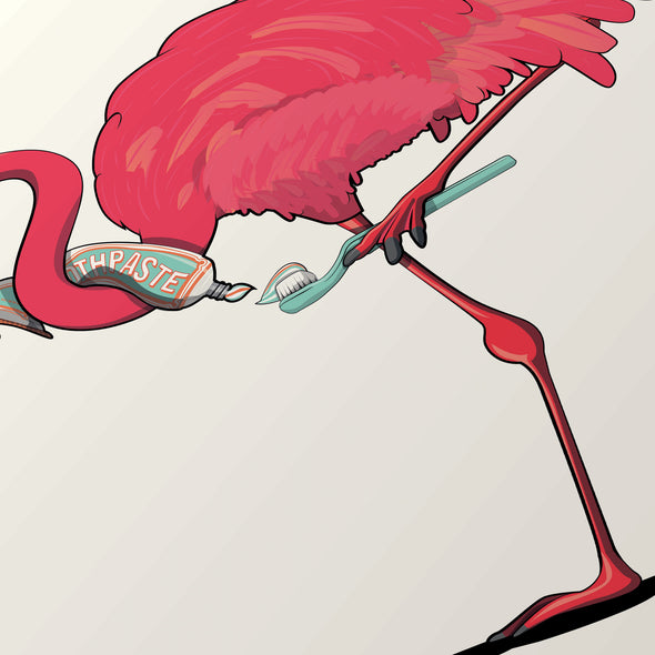 Flamingo cleaning teeth, Bathroom Poster