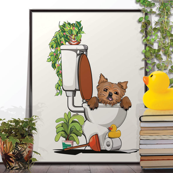 Yorkshire Terrier fallen in Toilet, funny bathroom poster, home decor print