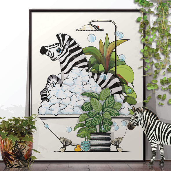 Zebra in Bubble Bath, funny bathroom poster, wall art home decor print