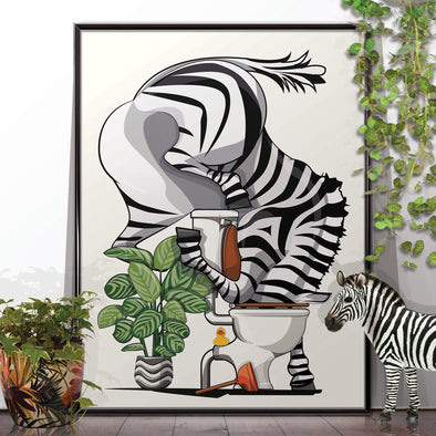 Zebra with head in Toilet, funny bathroom poster, wall art home decor print