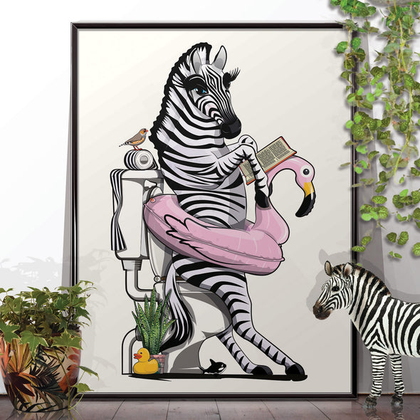Zebra on the toilet, funny bathroom poster, wall art home decor print