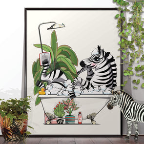Zebra Reading in the Bath, funny bathroom poster, wall art home decor print