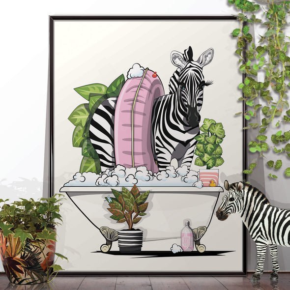 Zebra in Bath, funny bathroom poster, wall art home decor print