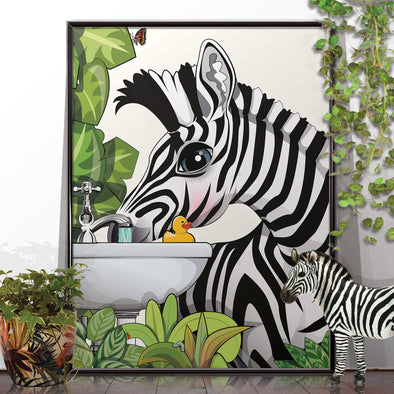 Zebra Drinking from sink, funny bathroom poster, wall art home decor print