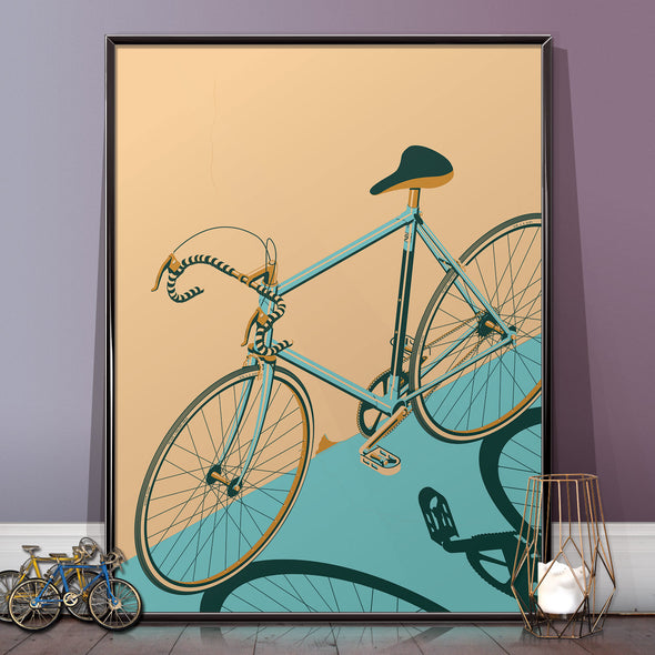 Blue Bicycle Poster Isometric and Framed in three sizes 30x40cm, 18x24 inches, or 24x36 inches