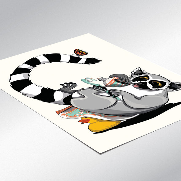 Monkey, Ring Tailed Lemur Cleaning teeth, funny bathroom poster, home decor print
