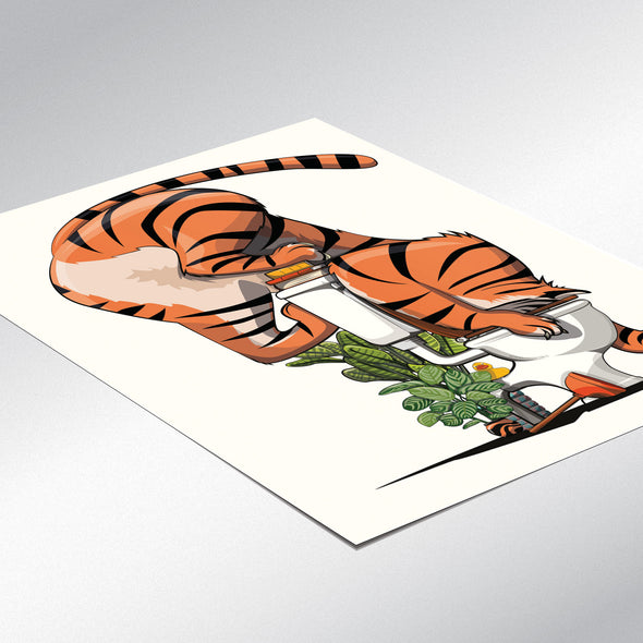 Tiger Looking in the Toilet, funny bathroom home decor poster